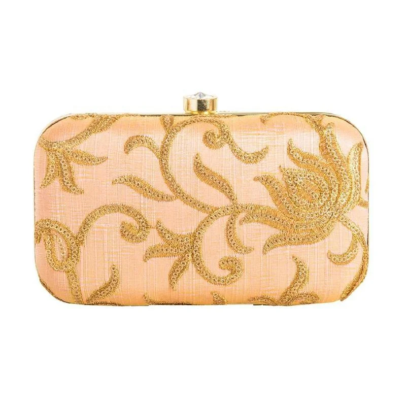 Women's Embroidered Silk Evening Bag in Navy for WeddingsWomen's Stylish Gold and Peach Party Wear Latest Design Clutch