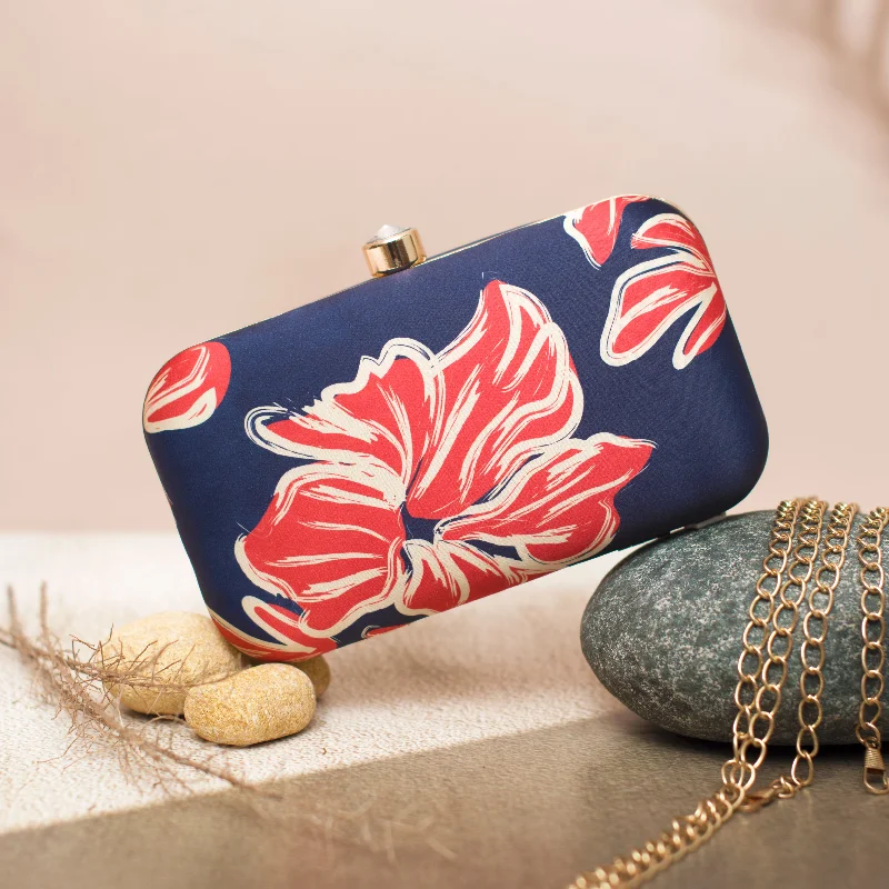 Women's Glittery Clutch in Blue for Disco - Themed EventsRed Flower Printed Clutch