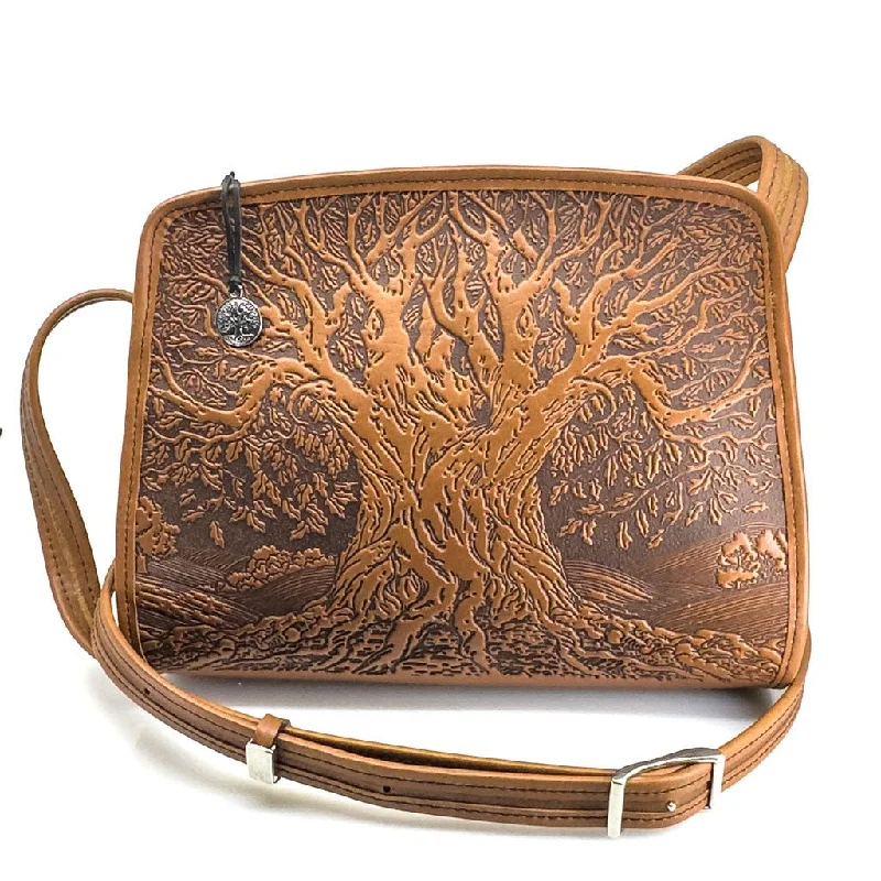 Women's Crossbody Bag with Zippered Pocket on the Back in Red for SecurityRetro Crossbody, Tree of Life