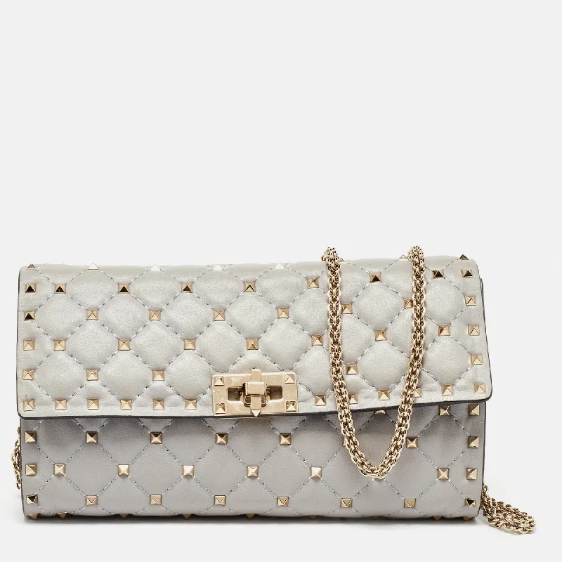 Medium - sized Canvas Crossbody Bag in Beige with Floral Print for Spring OutingsValentino Grey Leather Rockstud Spike Chain Shoulder Bag