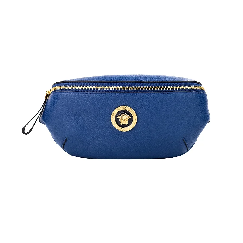 Women's Mini Crossbody Bag in Pink Velvet with Rhinestone Accents for Girls' Nights OutVersace Small Navy Calf Leather Medusa Pendant Fanny Waist Pack Belt Bag