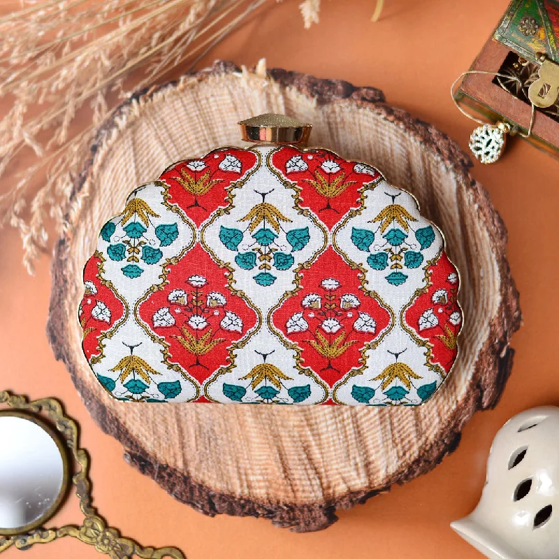 Women's Faux Fur Clutch in White for Winter BallsWhite-Red Embroidered Moon Clutch