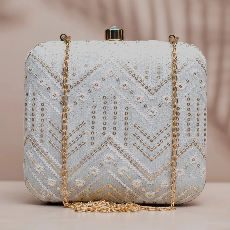 Geometric - Patterned PVC Evening Bag in Multicolor for Trendy Nights OutWhite Zigzag Sequins Embroidery Clutch