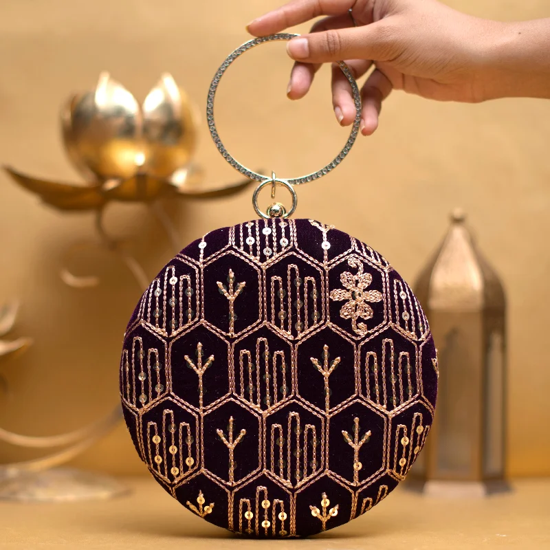 Large Sequin Clutch in Gold for Red - Carpet EventsWine Multipattern Thread Embroidery Round Clutch